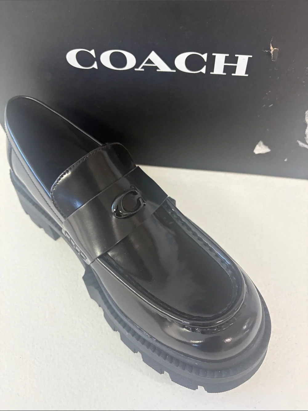 Coach Men's Black Patent Leather Lug Sole Penny Loafers - Picture 2 of 2